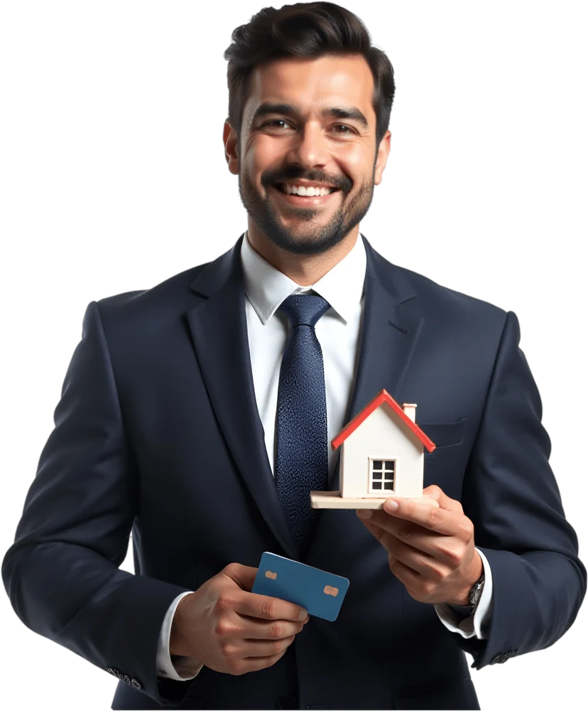 A smiling real-estate agent holding a small house